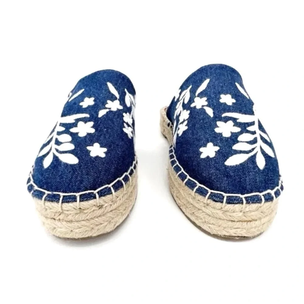 American Eagle Shoes Espadrilles Mules Embroidered Denim Blue White Size 9 New